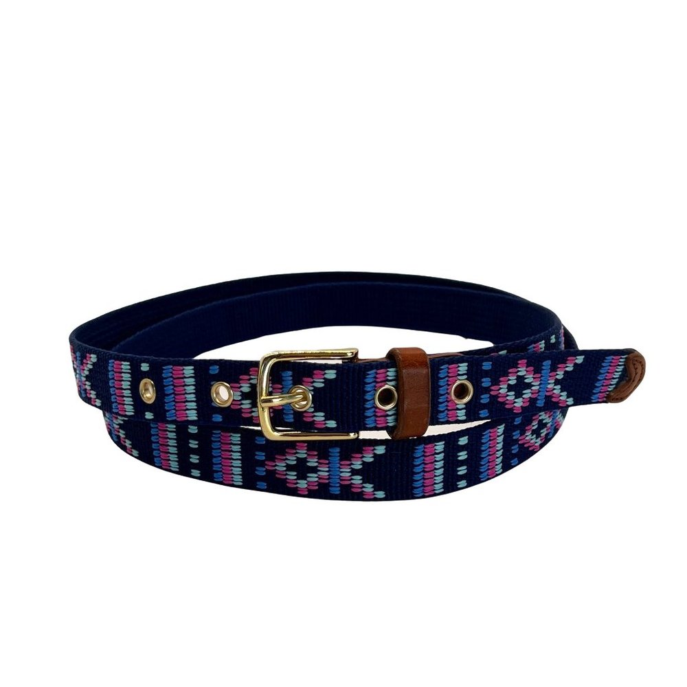J. Crew Blue and Pink Woven Belt with Leather Aztec Southwestern Size Large